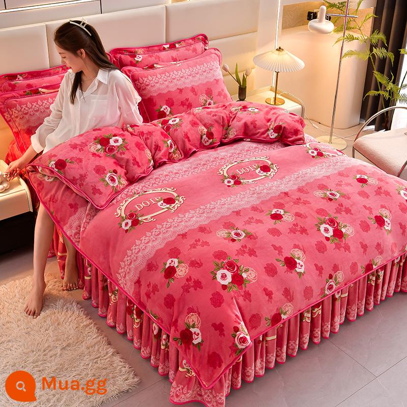 Váy nhung nhung dày Velvet Velvet Velvet Velvet đôi được đặt với Fanri Velvet và Velvet Winter Bedding - Dưa hấu hoa hồng đỏ trang viên b