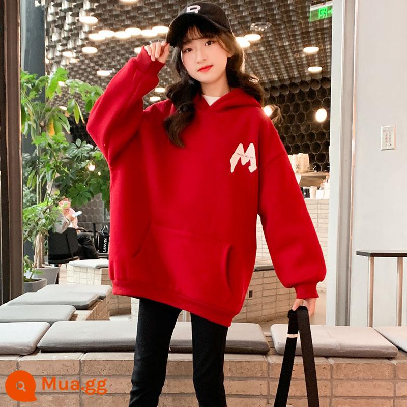 Áo len lông cừu bé gái mùa thu đông 2022 quần áo năm mới bé gái lớn năm hoàng đạo áo hoodie phong cách nước ngoài màu đỏ cho trẻ em - Áo nỉ có mũ trùm đầu bằng lông cừu M màu đỏ