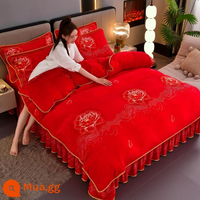 Sữa dày Velvet Bốn bộ bộ Velvet Velvet ấm áp đôi Velvet Velvet Quilting Gold Mink Velvet Bed Bed Supplies - Ngôn ngữ hoa lãng mạn lớn màu đỏ mới XMY