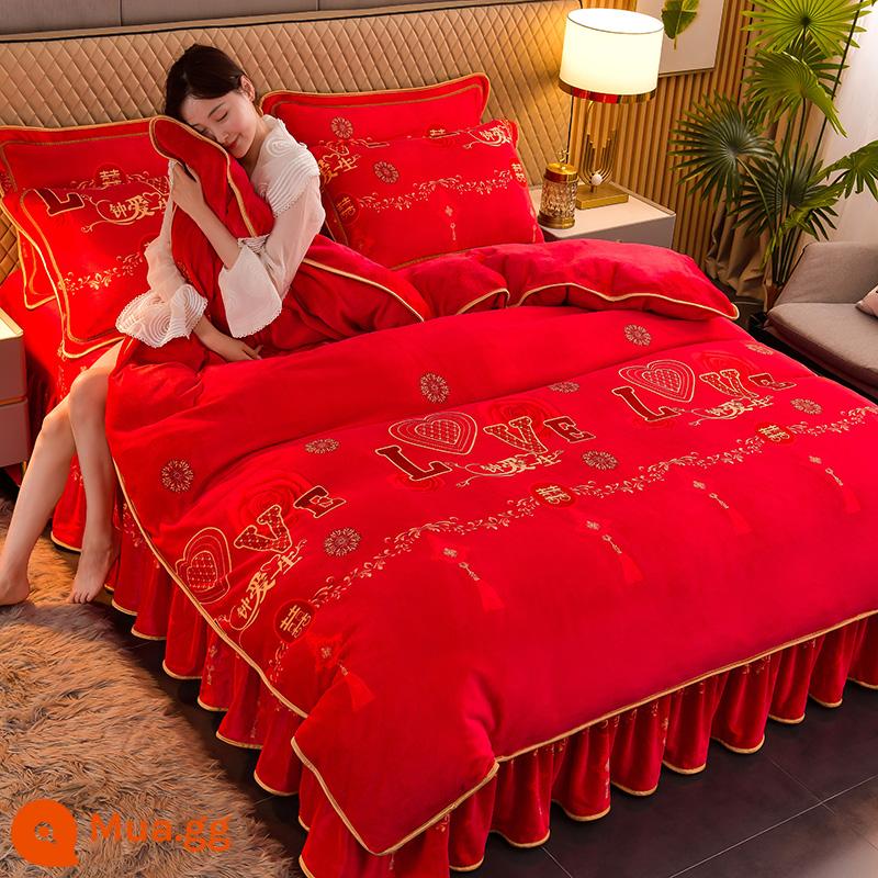 Sữa dày Velvet Bốn bộ bộ Velvet Velvet ấm áp đôi Velvet Velvet Quilting Gold Mink Velvet Bed Bed Supplies - cuộc sống tình yêu màu đỏ