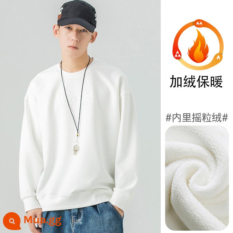 WOODSOON cổ tròn cotton dày T dành cho nam ins hợp thời trang mùa xuân và mùa thu áo sơ mi dài tay dáng rộng mùa thu và mùa đông cộng với áo nhung không mũ - Trắng [Mùa thu và mùa đông cộng với nhung]