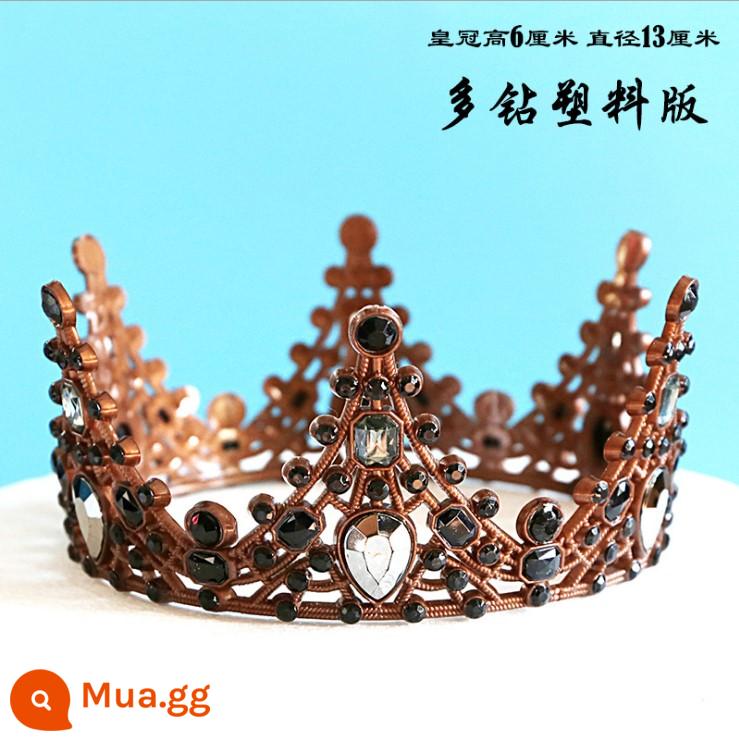 Boutique trang trí bánh nướng cô dâu theo phong cách Châu Âu hợp kim phối ren Vương miện phụ kiện sinh nhật handmade hoàng hậu mũ tròn lớn - Vương miện màu xám đen-Nhiều kim cương-Nhựa