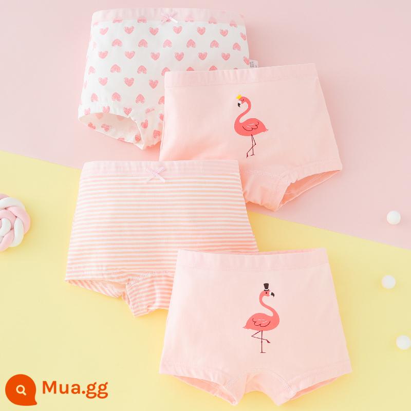 Quần lót trẻ em bé gái cotton nguyên chất tam giác cho bé 100% không kẹp mông PP bé gái con lớn quần lót boxer cotton - Hồng Hạc (Bốn Góc) Loại A Cotton Nguyên Chất Không PP Gói 4