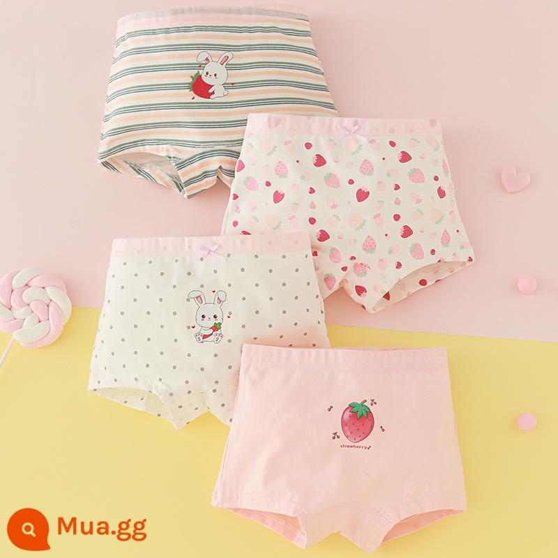 Quần lót trẻ em bé gái cotton nguyên chất tam giác cho bé 100% không kẹp mông PP bé gái con lớn quần lót boxer cotton - Thỏ Dâu (Bốn Góc) Loại A cotton nguyên chất không PP, 4 gói