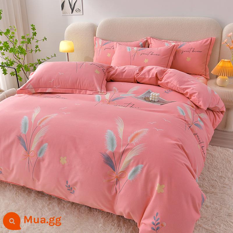 Cao cấp dày nguyên chất cotton chải bốn mảnh Bộ 100 tấm cotton vỏ chăn được trang bị tấm chăn ga gối đệm ba mảnh vỏ chăn - Cỏ Tình Yêu Hồng Pink-RC