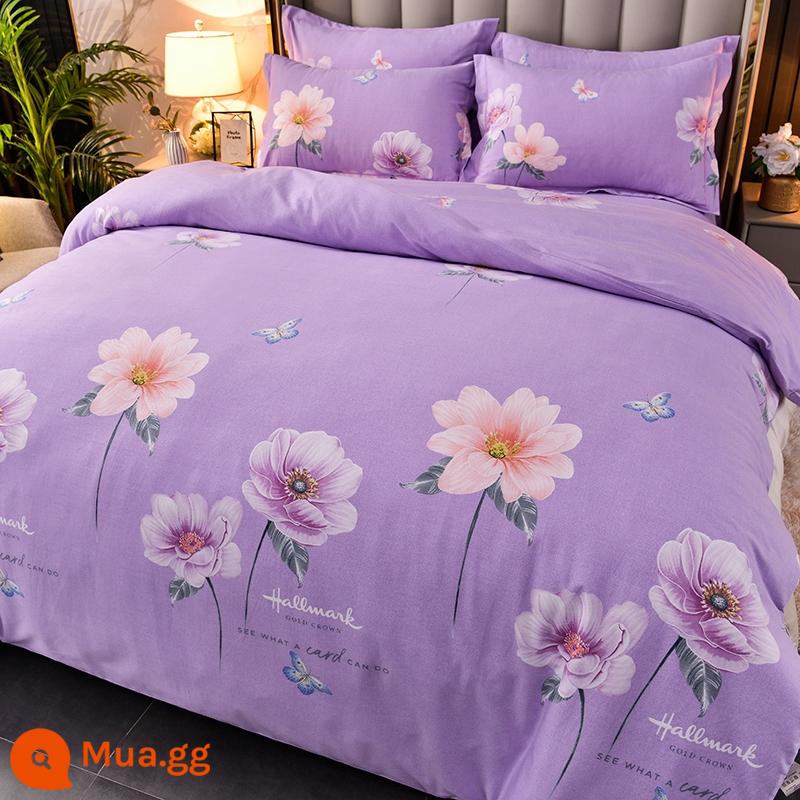 Cao cấp dày nguyên chất cotton chải bốn mảnh Bộ 100 tấm cotton vỏ chăn được trang bị tấm chăn ga gối đệm ba mảnh vỏ chăn - Sông Xuân Hoa Trăng Tím-RC