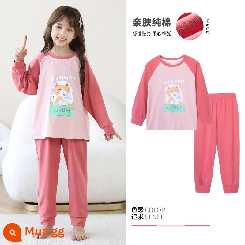 LuluNiu 2023 Bộ Đồ Ngủ Trẻ Em Thu Đông Nữ Xuân Thu Cotton Nguyên Chất Lớn Trẻ Em Bé Gái Cotton Công Chúa Quần Áo Ở Nhà Phong Cách Mới - 12206-Hồng