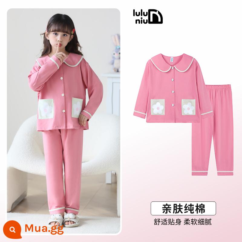 LuluNiu 2023 Bộ Đồ Ngủ Trẻ Em Thu Đông Nữ Xuân Thu Cotton Nguyên Chất Lớn Trẻ Em Bé Gái Cotton Công Chúa Quần Áo Ở Nhà Phong Cách Mới - 13205- Hồng