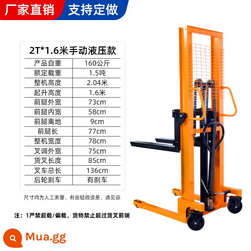 Xe nâng thủy lực bằng tay 1 tấn 2 tấn xe nâng bán điện đẩy gia súc trên cao máy xếp nhỏ - Model thủy lực thủ công 2T/1.6m được bảo hành 5 năm nâng cao