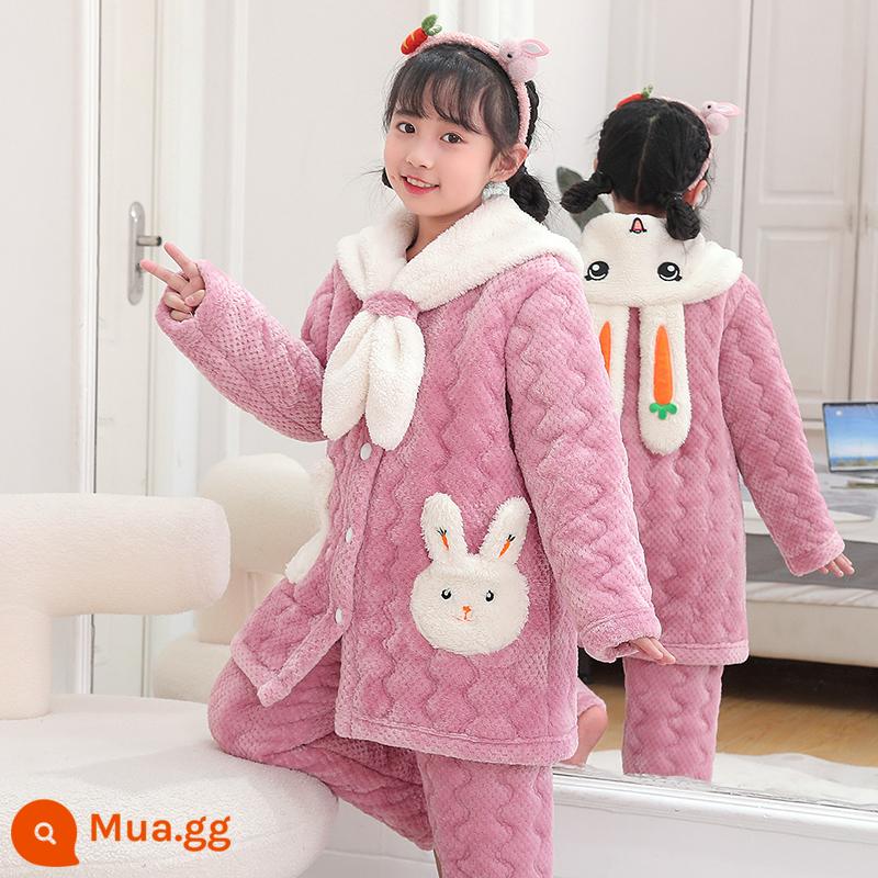 Bộ đồ ngủ trẻ em bé gái mùa đông cộng với nhung dày bé trai trung niên và trẻ lớn flannel ba lớp chần bông quần áo ấm ở nhà - Phiên bản mở rộng Thỏ Tím