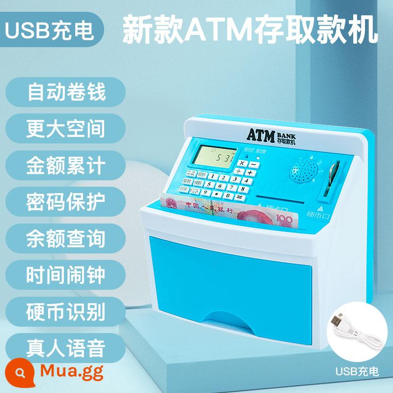 Heo đất trẻ em 2023 kiểu mới chỉ nhập và xuất mật khẩu bé trai và bé gái tiết kiệm ATM máy gửi tiền tự động - 999-Máy gửi và rút tiền ATM thông minh-Sạc USB màu xanh