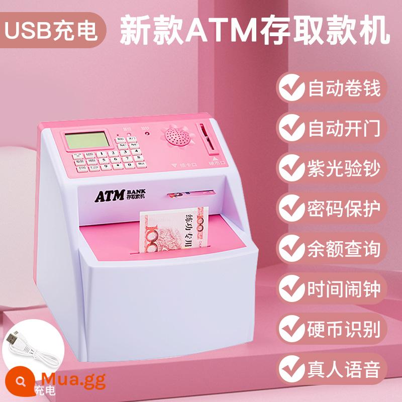 Heo đất trẻ em 2023 kiểu mới chỉ nhập và xuất mật khẩu bé trai và bé gái tiết kiệm ATM máy gửi tiền tự động - X8-Máy gửi và rút tiền ATM thông minh-Sạc USB màu hồng