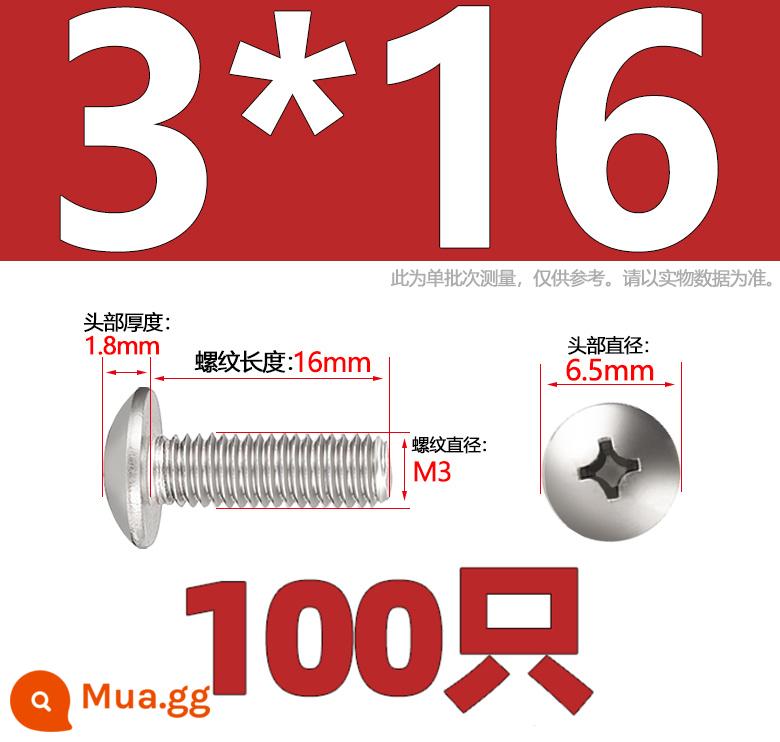 Thép không gỉ 304 lớn đầu phẳng máy vít đầu nấm vít chéo đầu tròn ô bu lông đầu M2M3M4M5M6M8mm - Chỉ M3*16-100