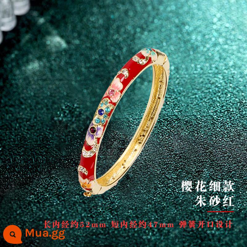 Vòng Tay Cloisonne Bắc Kinh Retro Cung Điện Quốc Triều Mỹ Vòng Tay Nữ Phong Cách Trung Hoa Trang Sức Hanfu Phụ Kiện Cho Bạn Gái - Vòng tay mỏng một lớp hình bầu dục màu đỏ Sakura Cinnabar lãng mạn