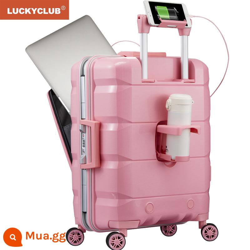 Lucky Club khung nhôm hành lý máy tính đa chức năng giá trị cao Hộp đựng xe đẩy du lịch công tác nhỏ 20 inch dành cho nam và nữ - Màu hồng Sakura (kiểu dáng mới trong ngăn chính khung nhôm)