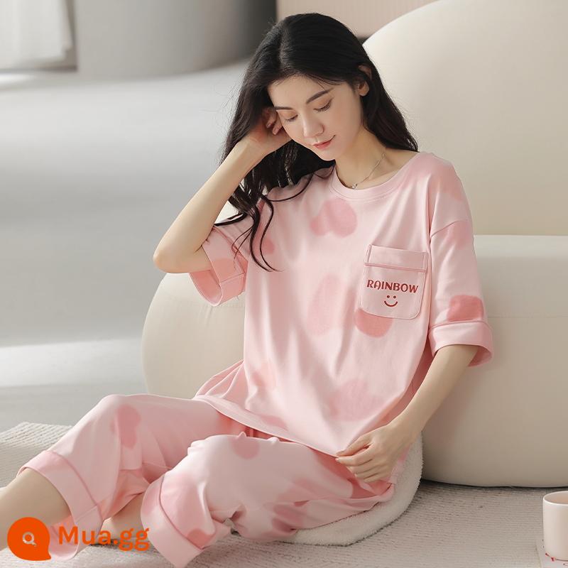 Bộ đồ ngủ bằng cotton nguyên chất Nanjiren dành cho nữ mùa hè ngắn tay bảy điểm Bộ đồ phục vụ tại nhà cho nữ 2023 mỏng mùa hè mới - Mười dặm hoa đào 9953