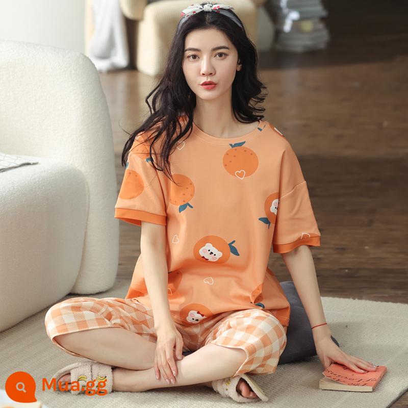 Bộ đồ ngủ bằng cotton nguyên chất Nanjiren dành cho nữ mùa hè ngắn tay bảy điểm Bộ đồ phục vụ tại nhà cho nữ 2023 mỏng mùa hè mới - Buổi sáng nắng ấm 7037