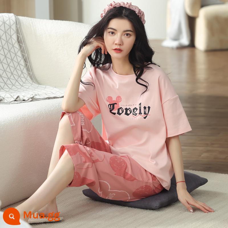 Bộ đồ ngủ bằng cotton nguyên chất Nanjiren dành cho nữ mùa hè ngắn tay bảy điểm Bộ đồ phục vụ tại nhà cho nữ 2023 mỏng mùa hè mới - Truyện cổ tích màu hồng 7032