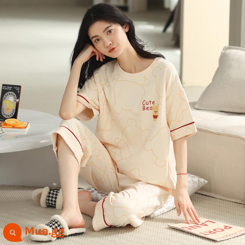 Bộ đồ ngủ bằng cotton nguyên chất Nanjiren dành cho nữ mùa hè ngắn tay bảy điểm Bộ đồ phục vụ tại nhà cho nữ 2023 mỏng mùa hè mới - Phô mai sơ chế 9962