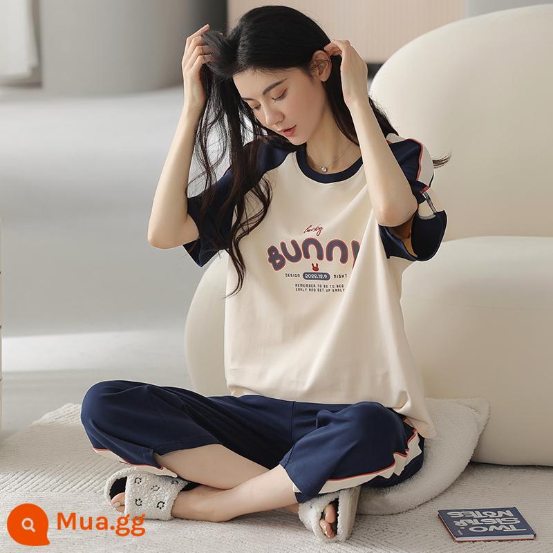 Bộ đồ ngủ bằng cotton nguyên chất Nanjiren dành cho nữ mùa hè ngắn tay bảy điểm Bộ đồ phục vụ tại nhà cho nữ 2023 mỏng mùa hè mới - Qingqingzijin9952