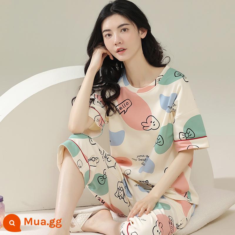 Bộ đồ ngủ bằng cotton nguyên chất Nanjiren dành cho nữ mùa hè ngắn tay bảy điểm Bộ đồ phục vụ tại nhà cho nữ 2023 mỏng mùa hè mới - Trà sữa trân châu 7000