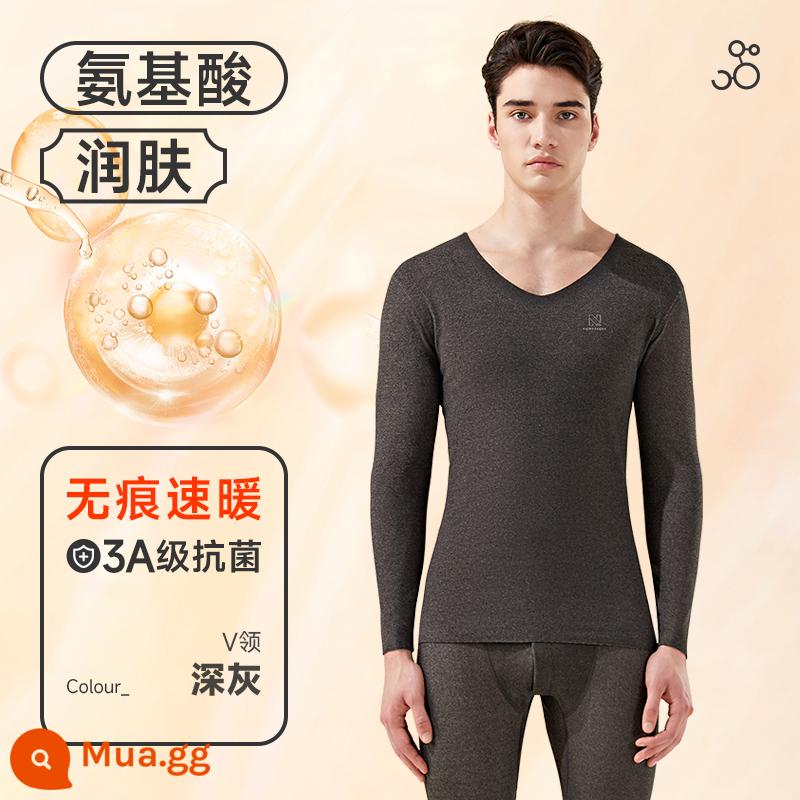 Quần áo sưởi ấm Nanjiren nam cotton nguyên chất quần lót dài quần vệ sinh phù hợp với người trung niên và người cao tuổi áo len bông cao cổ mùa đông - Bộ đơn màu xám đậm [làm ấm nhanh liền mạch, dưỡng ẩm axit amin, kháng khuẩn và chống mạt 3A]