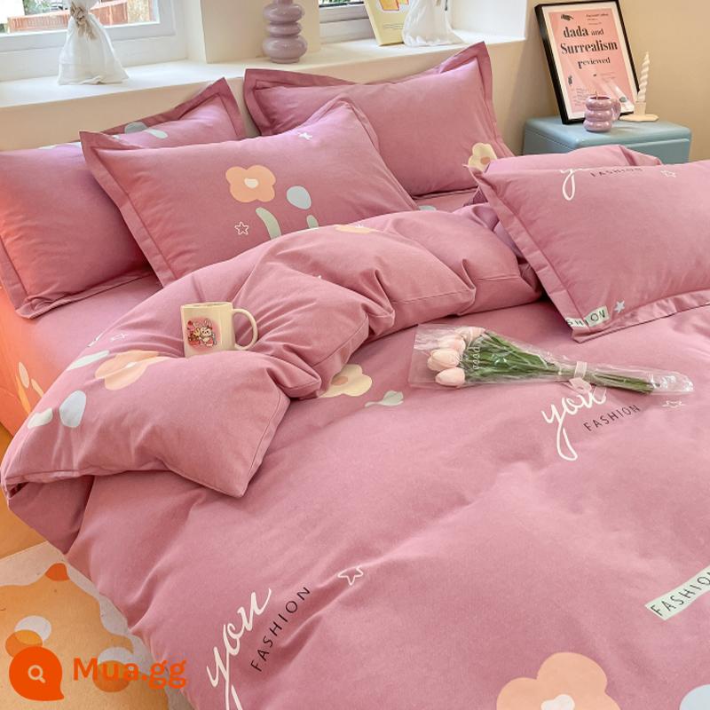 Đơn Giản Chải Cotton 4 Bộ Chăn Ga Gối 100 Cotton Mùa Đông Dày Drap Giường Vỏ Chăn Ký Túc Xá 3 Bộ 4 - mùa hoa thời trang