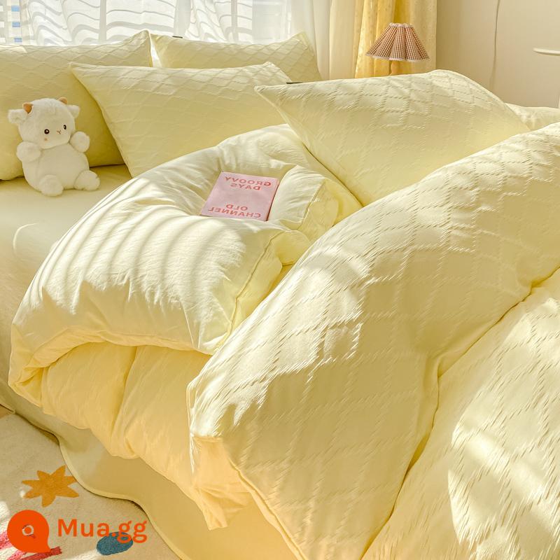 Giặt cotton seersucker giường 4 mảnh mùa hè băng lụa không cotton bông nguyên chất ký túc xá giường đơn vỏ chăn 3 bộ - Diamond-Cheese Yellow [Bảo hiểm mềm mại và thoải mái/miễn phí vận chuyển]