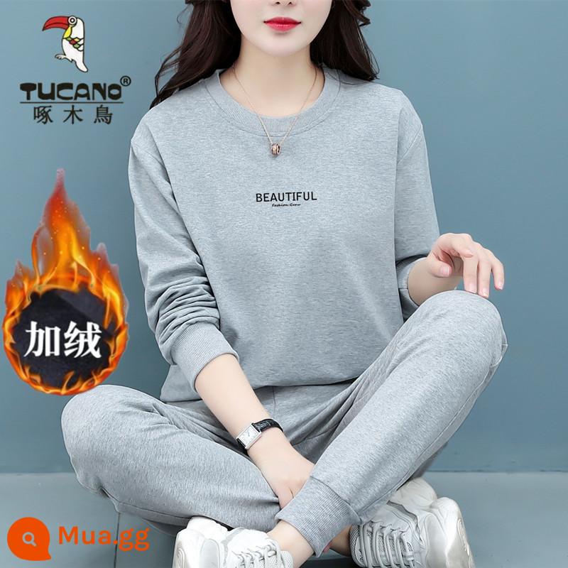 Bộ đồ thể thao cotton cao cấp hàng hiệu dành cho nữ mùa xuân thu đông thời trang mới size lớn của mẹ Bộ đồ hai mảnh dài tay thường ngày - Xám phối nhung [bộ hai món]