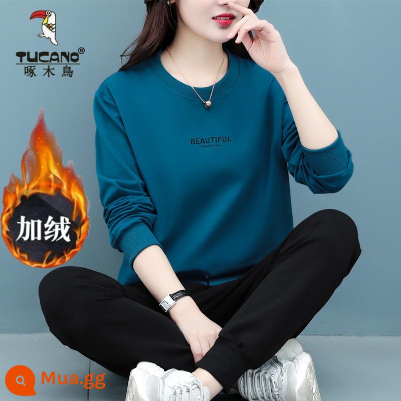 Bộ đồ thể thao cotton cao cấp hàng hiệu dành cho nữ mùa xuân thu đông thời trang mới size lớn của mẹ Bộ đồ hai mảnh dài tay thường ngày - Peacock blue plus nhung [bộ hai món]