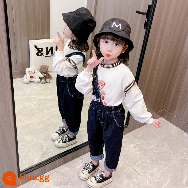 Quần denim bé gái denim túi phù hợp với trẻ em phong cách nước ngoài mùa xuân và mùa thu bộ đồ hai mảnh 2023 mùa xuân mới quần áo thời trang cho bé - màu xanh da trời