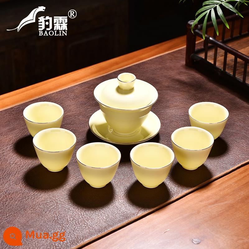 Bộ ấm trà Gaiwan nhà nhẹ sang trọng Kung Fu Hộp quà tặng cao cấp Gaiwan suet ngọc topaz bộ văn phòng - Bát mũ tre 7 đầu mạ vàng màu vàng (kèm chuông và cốc đứng)