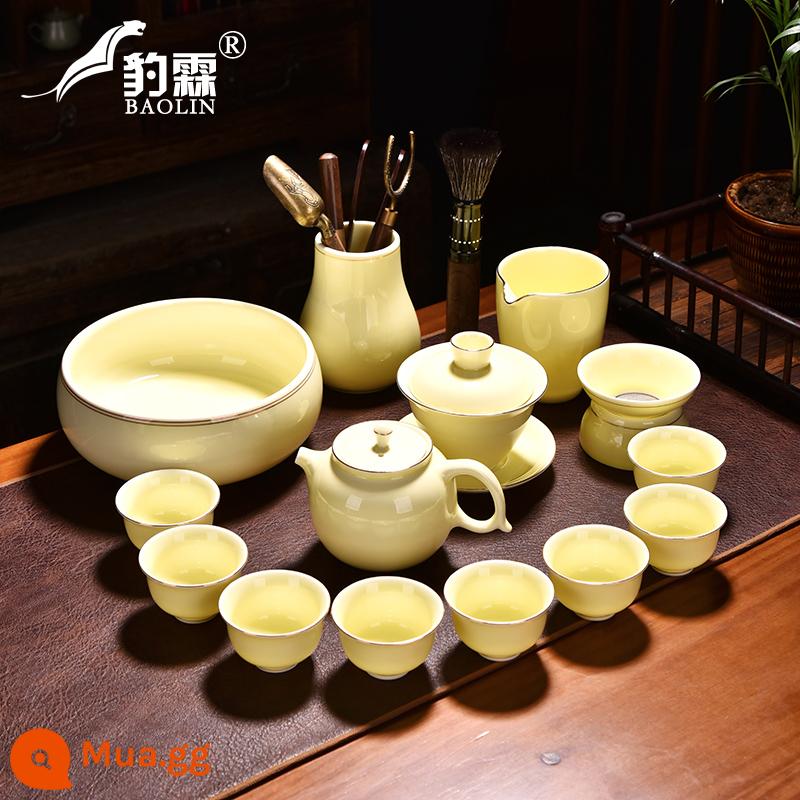 Bộ ấm trà Gaiwan nhà nhẹ sang trọng Kung Fu Hộp quà tặng cao cấp Gaiwan suet ngọc topaz bộ văn phòng - Chén đảo ngược màu vàng đá quý mạ vàng 15 đầu (kèm ấm + liễn + 2 chén + nước rửa + trà đạo)