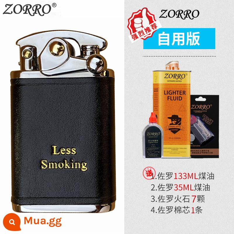 Zorro đính đá cánh tay bật lửa dầu hỏa nam Retro sáng tạo da cao cấp cá tính nhỏ đá mài cho bạn trai - Phiên bản da đen niken trắng dành cho cá nhân (phiên bản dài)