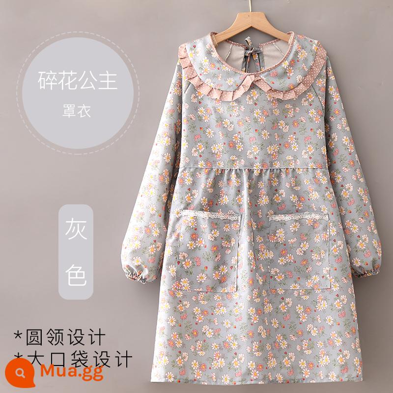 Tay Dài Tạp Dề Nấu Ăn Nữ Nhà Bếp Dễ Thương Hộ Gia Đình Vải Cotton Nhật Thoáng Khí Chịu Mài Mòn Chống Dầu Người Lớn Coverall Áo Liền Quần - Màu xám (áo công chúa hoa)