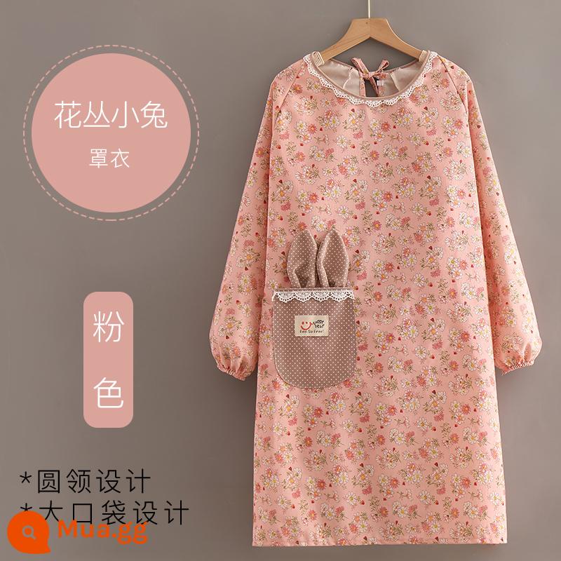 Tay Dài Tạp Dề Nấu Ăn Nữ Nhà Bếp Dễ Thương Hộ Gia Đình Vải Cotton Nhật Thoáng Khí Chịu Mài Mòn Chống Dầu Người Lớn Coverall Áo Liền Quần - Màu hồng (Áo hoa thỏ)