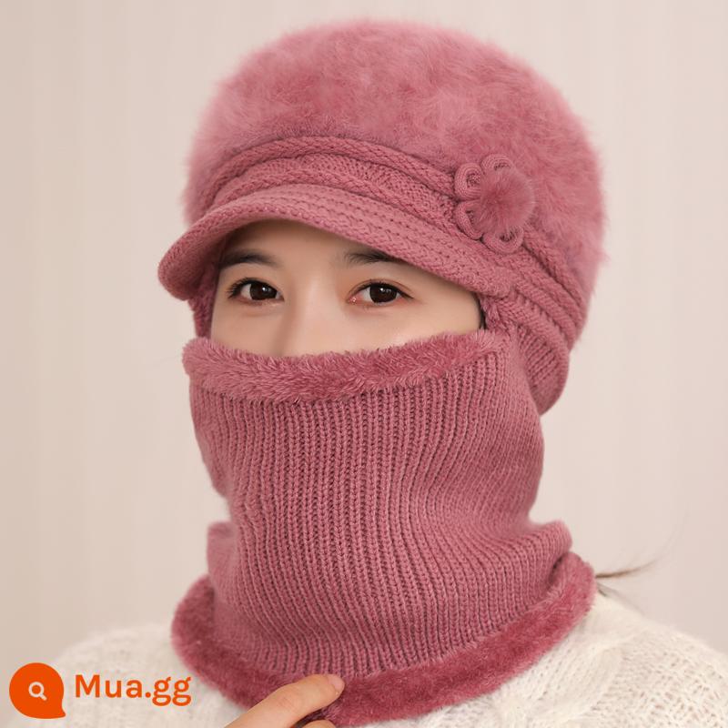 Mũ dành cho nữ, áo hoodie mùa đông, bà mẹ trung niên và người già, mũ len dày nhung, bà đi xe đạp mũ và khăn quàng cổ chống gió ấm áp - Màu hồng da