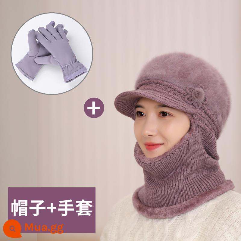 Mũ dành cho nữ, áo hoodie mùa đông, bà mẹ trung niên và người già, mũ len dày nhung, bà đi xe đạp mũ và khăn quàng cổ chống gió ấm áp - Bộ đồ màu tím nhạt [mũ + găng tay nhung]