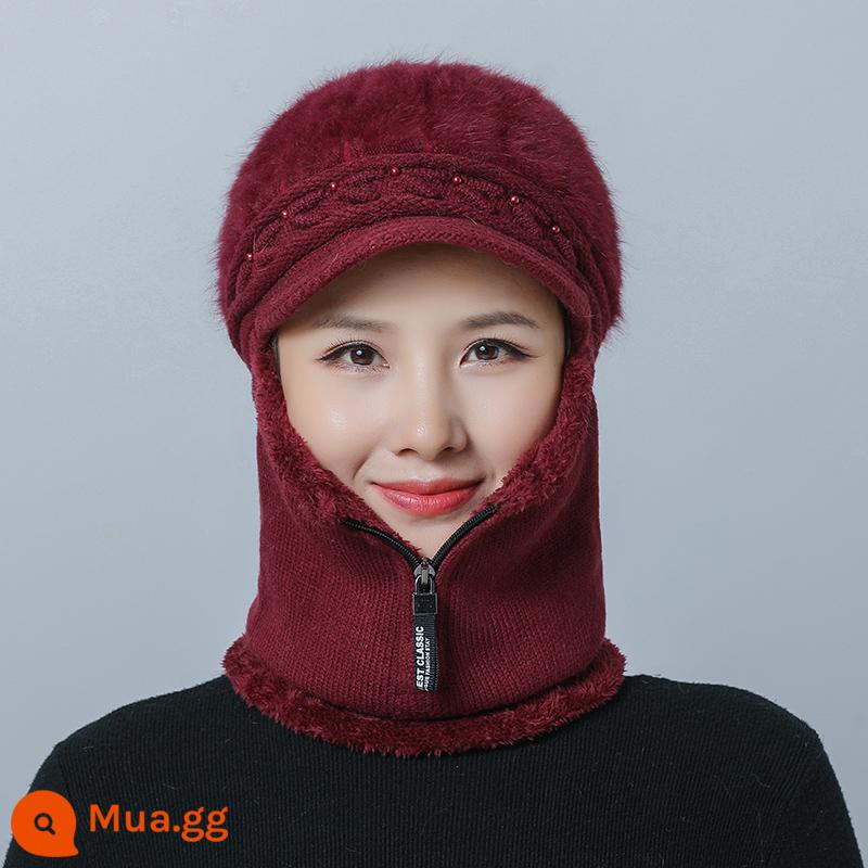 Mũ dành cho nữ, áo hoodie mùa đông, bà mẹ trung niên và người già, mũ len dày nhung, bà đi xe đạp mũ và khăn quàng cổ chống gió ấm áp - rượu vang đỏ 1915