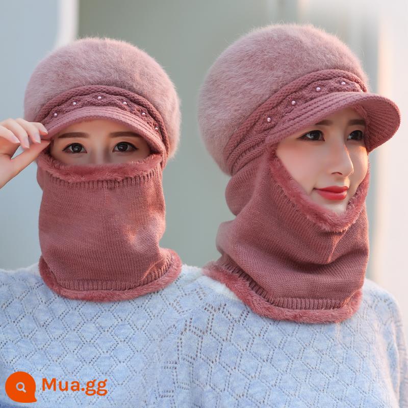 Mũ dành cho nữ, áo hoodie mùa đông, bà mẹ trung niên và người già, mũ len dày nhung, bà đi xe đạp mũ và khăn quàng cổ chống gió ấm áp - Màu bột đậu 99-16