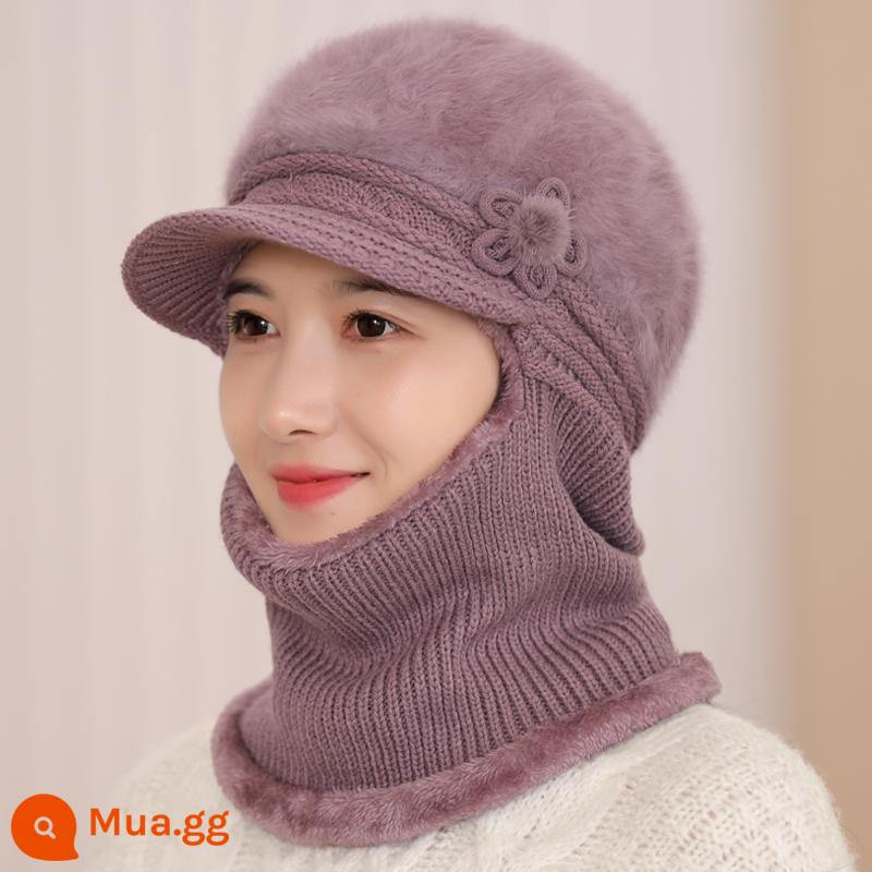 Mũ dành cho nữ, áo hoodie mùa đông, bà mẹ trung niên và người già, mũ len dày nhung, bà đi xe đạp mũ và khăn quàng cổ chống gió ấm áp - tím nhạt