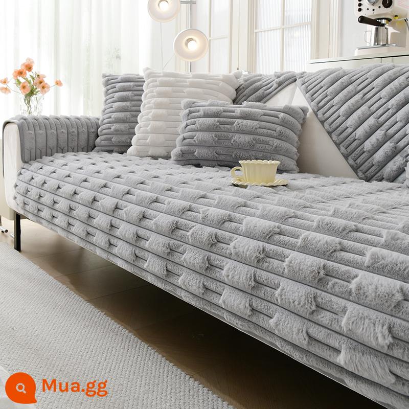 Thỏ Nhung Internet Nổi Tiếng Sofa Đệm Mùa Đông Dày Sang Trọng Đệm Chống Trơn Trượt Ghế Sofa Da 2023 Mới Vải Bọc - Bobo Sữa Thỏ-Xám Nhạt