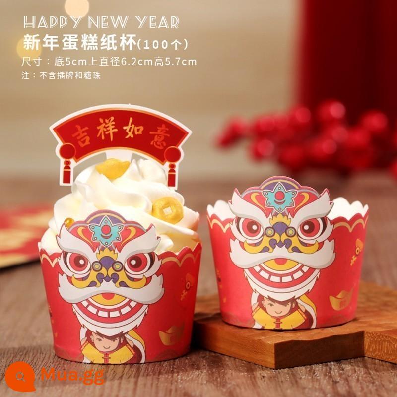 Năm Mới 2023 Cupcake Hộp Trong Suốt Di Động Bao Bì Hộp Năm Mới Làm Bánh Trang Trí Cắm Thẻ Đầm - 100 Múa Lân Ly Giấy Năm Mới