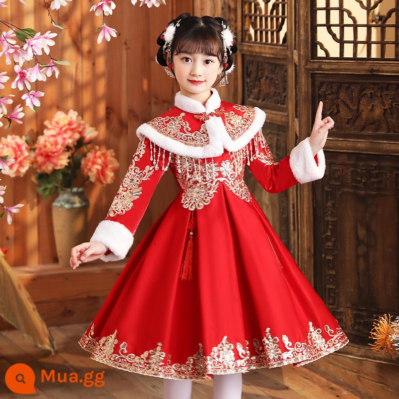 Cô gái Hanfu mùa đông Cô gái phong cách Trung Quốc 2022 trang phục cổ trang mùa đông mới cho trẻ em Tang phù hợp với lời chúc mừng năm mới phong cách mùa đông dày - A527 đỏ cộng nhung