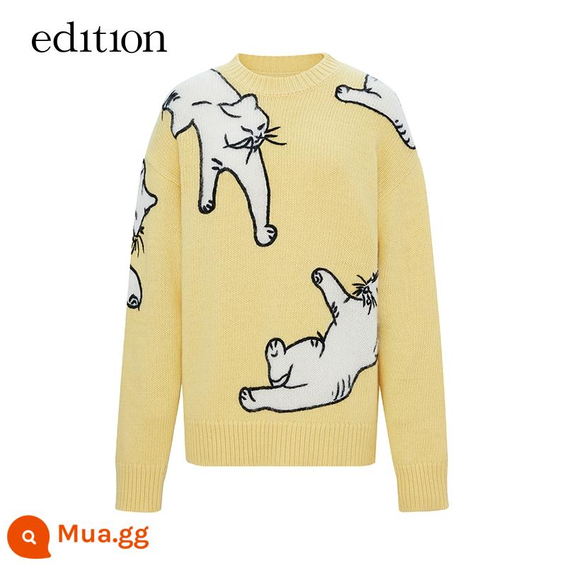 [Đơn hàng bổ sung bùng nổ] phiên bản áo len nữ họa tiết mèo thêu tay mùa xuân và mùa thu áo khoác cardigan dáng rộng lười biếng - màu vàng chanh