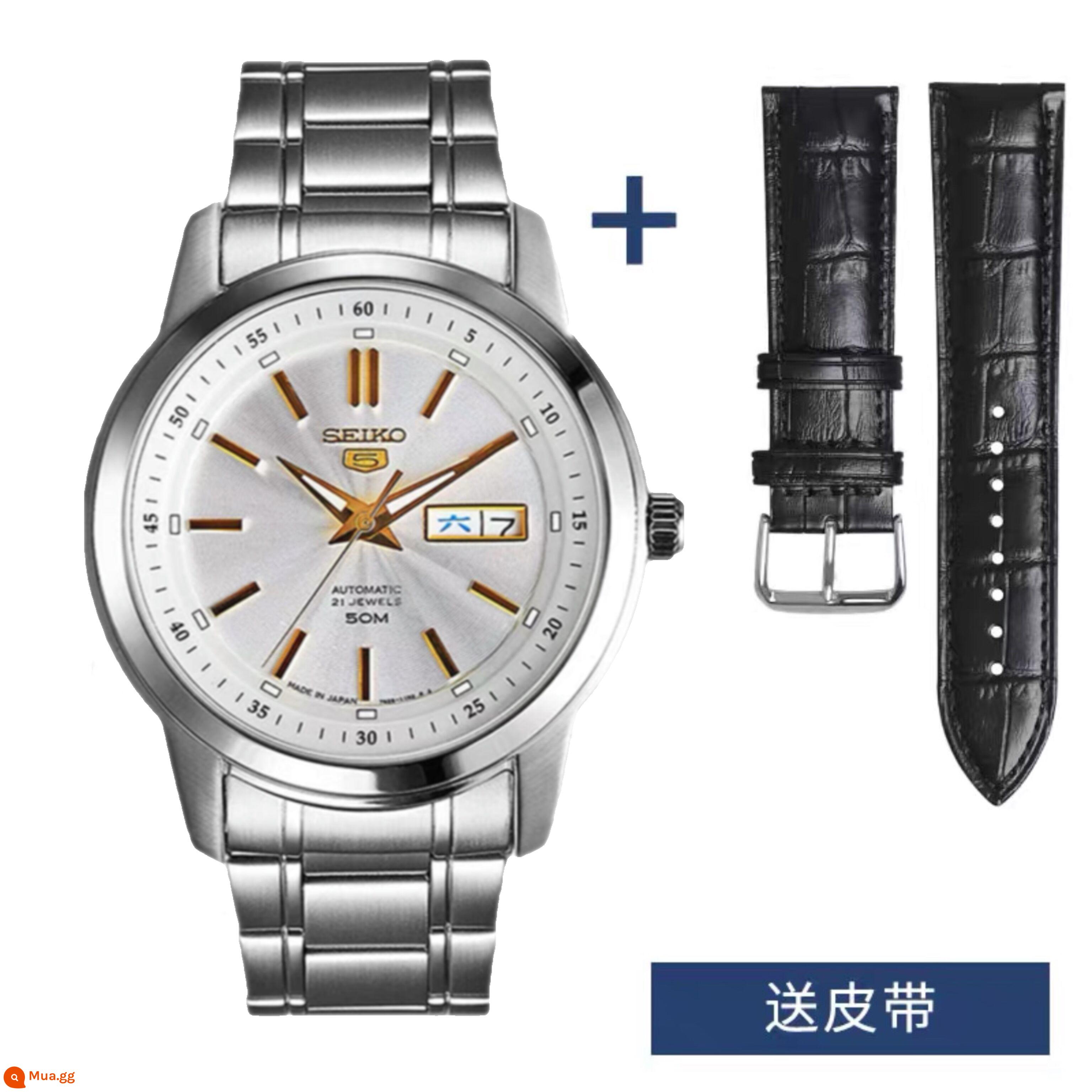 Đồng hồ đeo tay nam cơ học Seiko số 5 của Nhật Bản, đồng hồ đeo tay dây thép cơ tự động giải trí ba kim giải trí dạ quang SNKM92J1 - Dây đai bạc kim vàng SNKM85J1