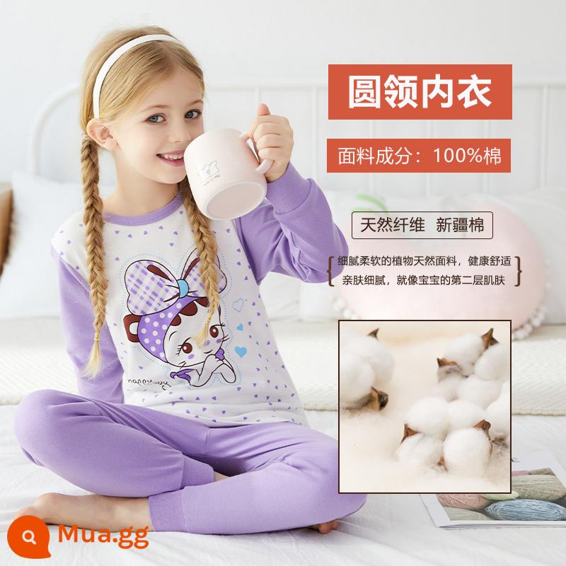 Quần áo mùa thu Nanjiren bé gái Bộ quần vệ sinh cotton nguyên chất mùa xuân và mùa thu mỏng bộ đồ ngủ trẻ em áo len cotton đồ lót trẻ em - nơ cô gái màu tím nhạt