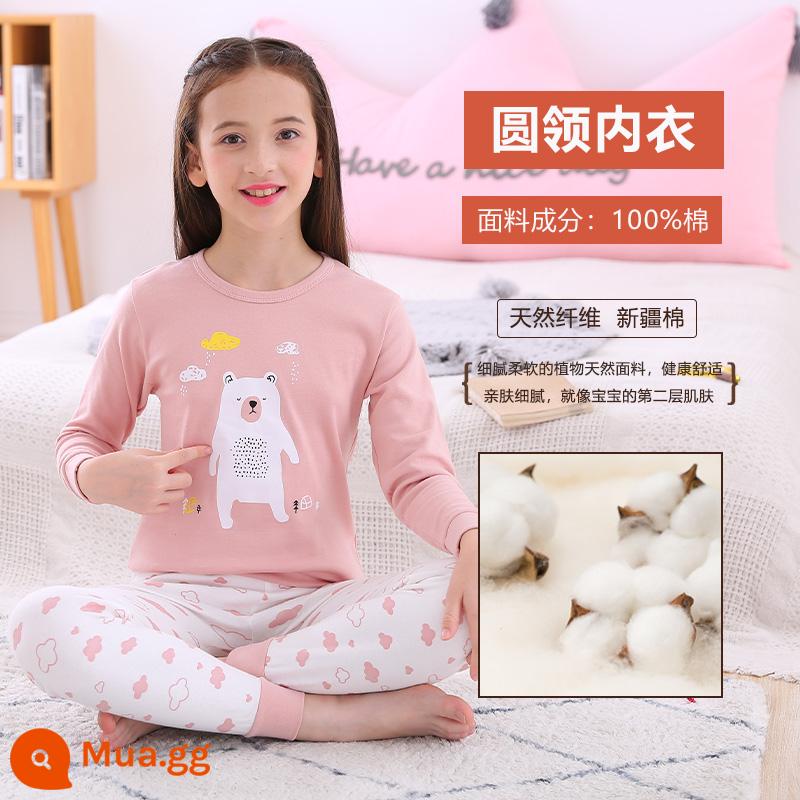 Quần áo mùa thu Nanjiren bé gái Bộ quần vệ sinh cotton nguyên chất mùa xuân và mùa thu mỏng bộ đồ ngủ trẻ em áo len cotton đồ lót trẻ em - gấu hồng