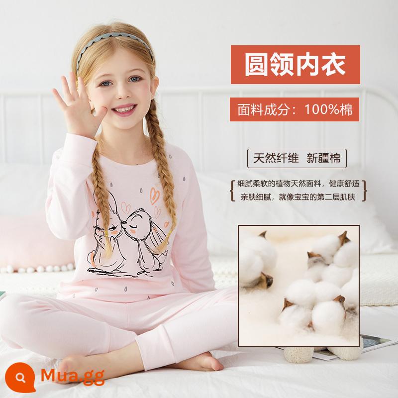 Quần áo mùa thu Nanjiren bé gái Bộ quần vệ sinh cotton nguyên chất mùa xuân và mùa thu mỏng bộ đồ ngủ trẻ em áo len cotton đồ lót trẻ em - Đôi thỏ hồng nhạt