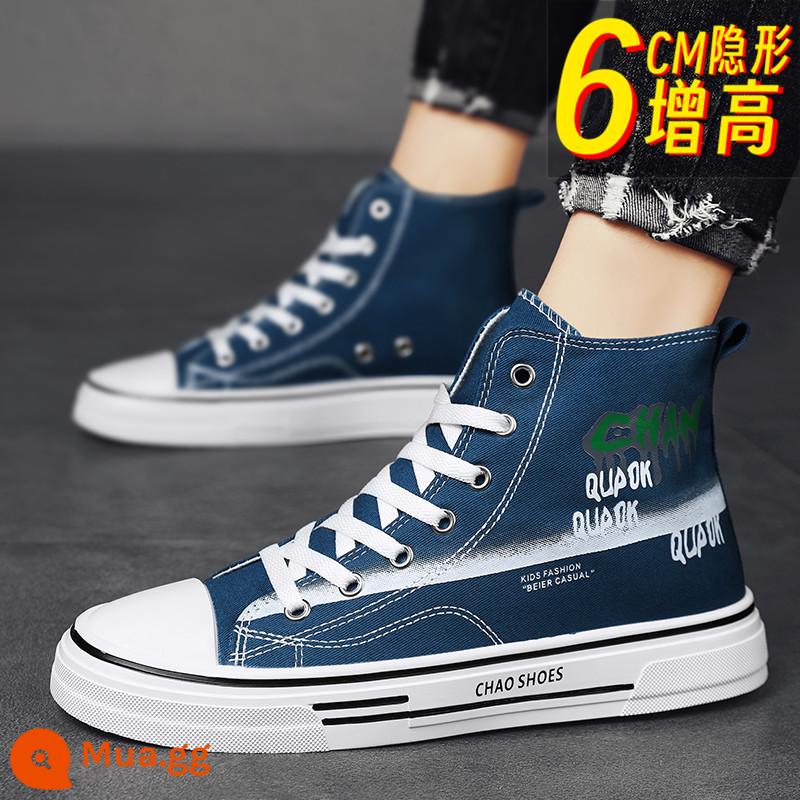 Mùa đông cao giày vải nam giản dị hợp thời trang giày denim giày trượt ván quốc triều cao đường phố Mỹ hiphop giày trượt ván - Màu xanh [tăng chiều cao]